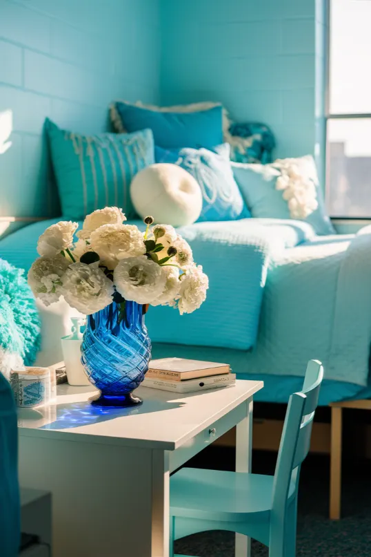 Blue Glass Vase with White Flowers