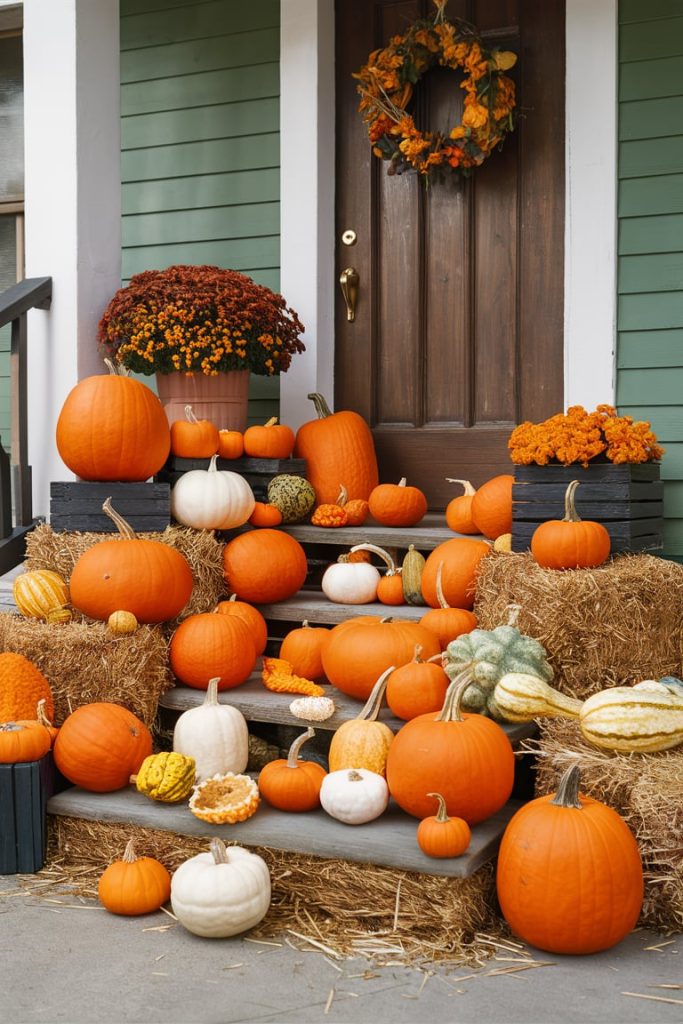 Arranging Pumpkins on Porch