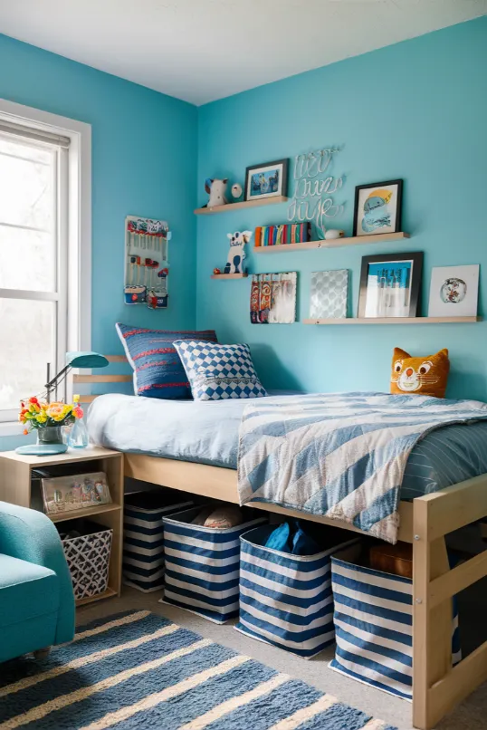 Blue and White Striped Storage Bins