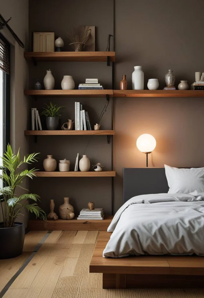 Japanese Bedroom Design, Minimalist Wall Shelving