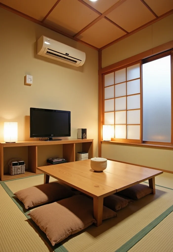 Japanese Bedroom Design, Kotatsu-Style Heated Low Table