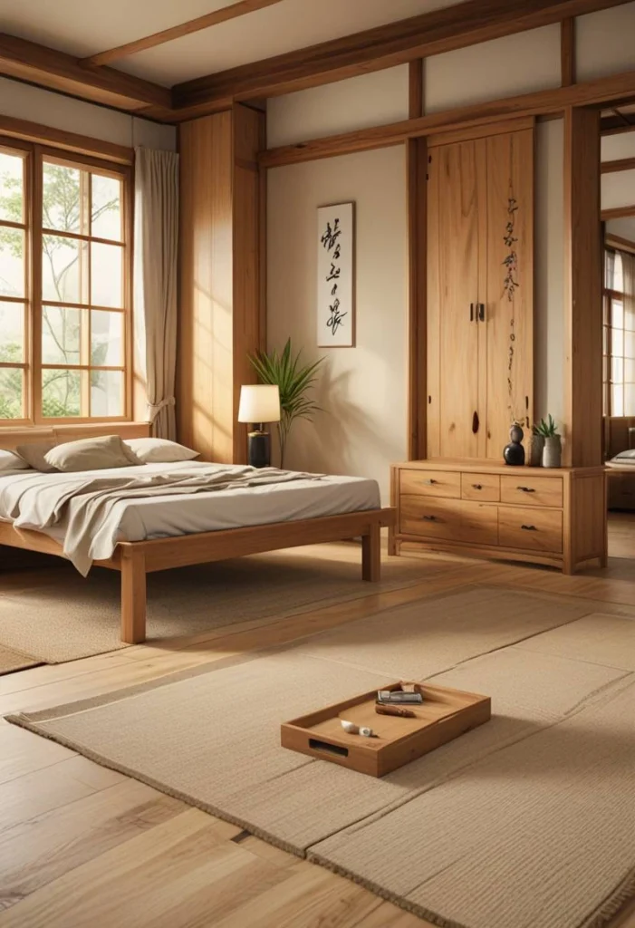 Japanese Bedroom Design, Natural Wood Furniture