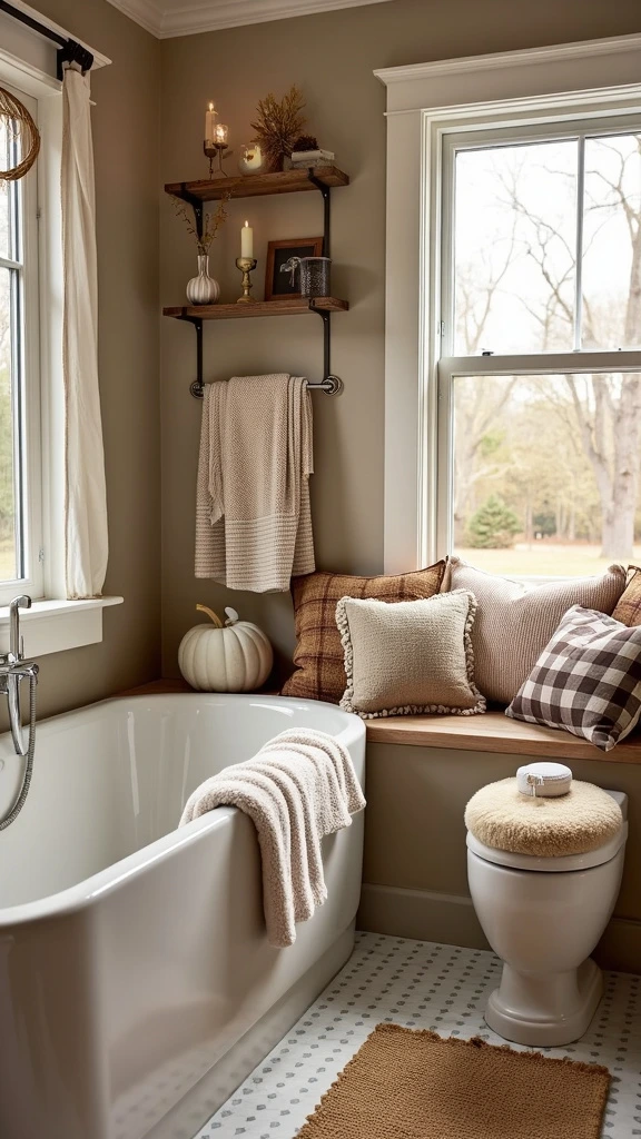 Cozy bathroom with layered textures, plush towels, warm blankets, autumn colors, soft fabrics, inviting atmosphere, fall decor, comfortable space, rustic charm, seasonal comfort