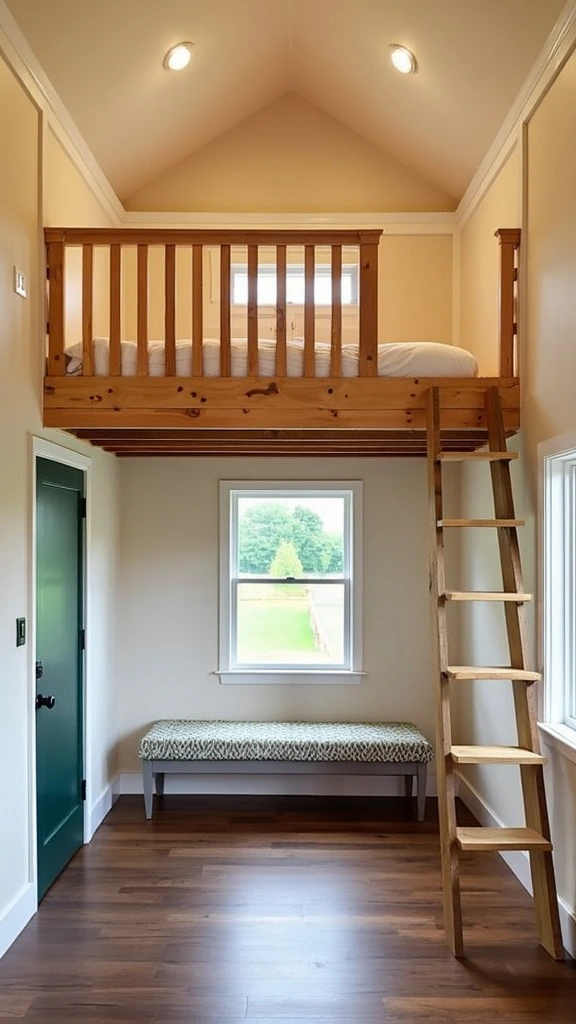 Lofted bedroom, space-saving design, cozy sleeping area, elevated bed, storage stairs, barndominium interior, rustic decor, pine wood, compact living