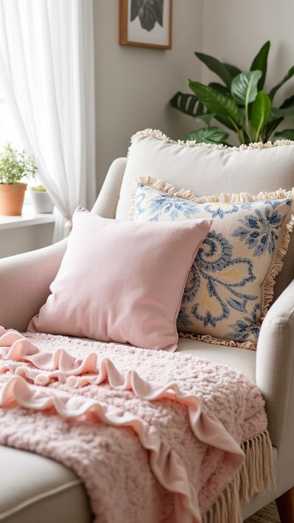 Cozy feminine space with soft pillows and throw blankets, pastel colors, floral patterns, comfort, texture, layering, warmth, inviting, relaxation, girly decor