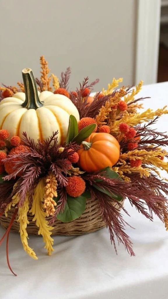 Pumpkin centerpiece, autumn flowers, fall decor, table arrangement, seasonal bouquet, rustic display, harvest decoration, orange pumpkin, dried flowers, thanksgiving table