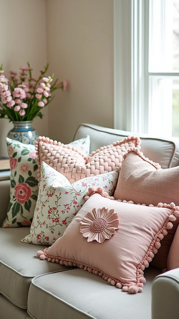 Cozy feminine touch with scattered cushions, soft textures, decorative pillows, comfortable seating, girly patterns, inviting atmosphere, layered decor, relaxing space