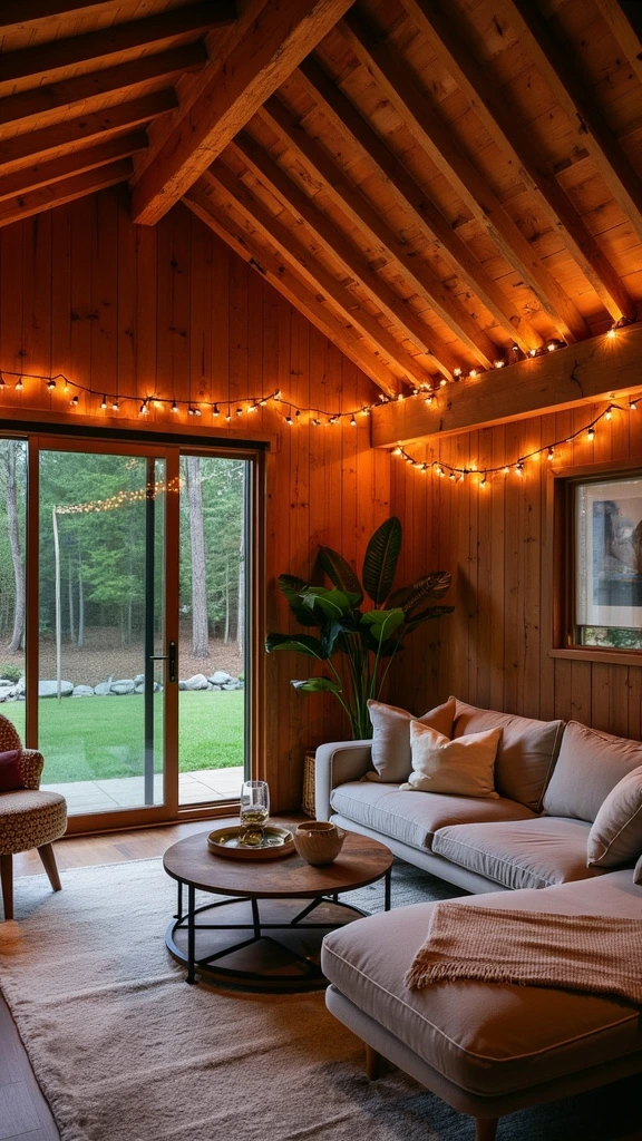 String lights ambiance, romantic lighting, exposed beams, warm glow, barndominium decor, cozy atmosphere, mood lighting, stylish interior