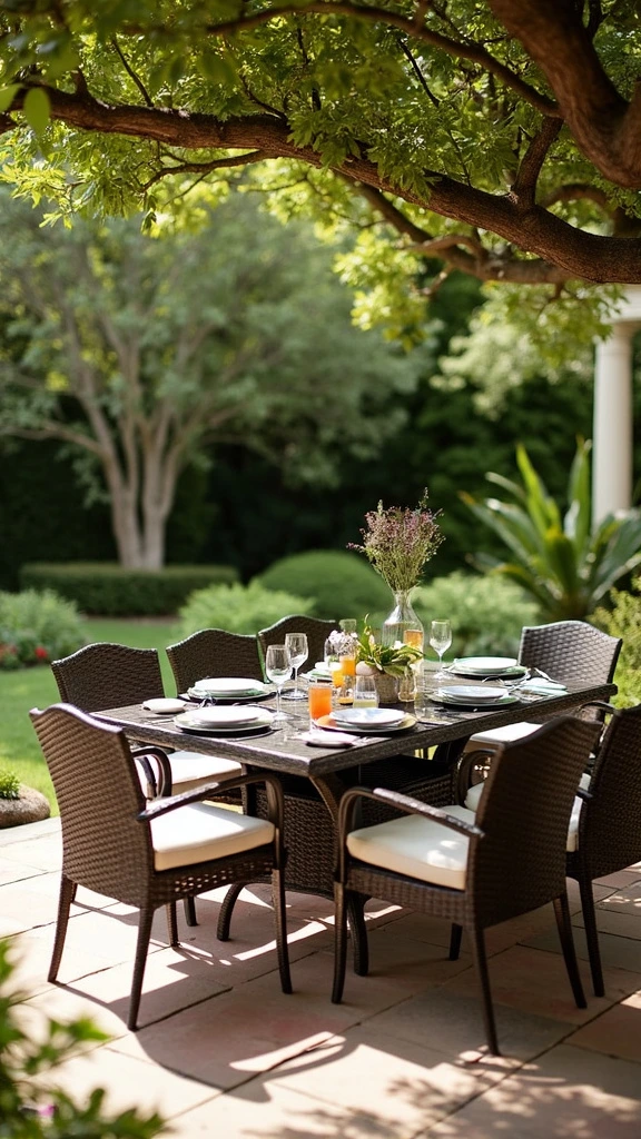 Dining Al Fresco: outdoor dining table set, patio meal furniture, garden feast arrangement, terrace eating ensemble