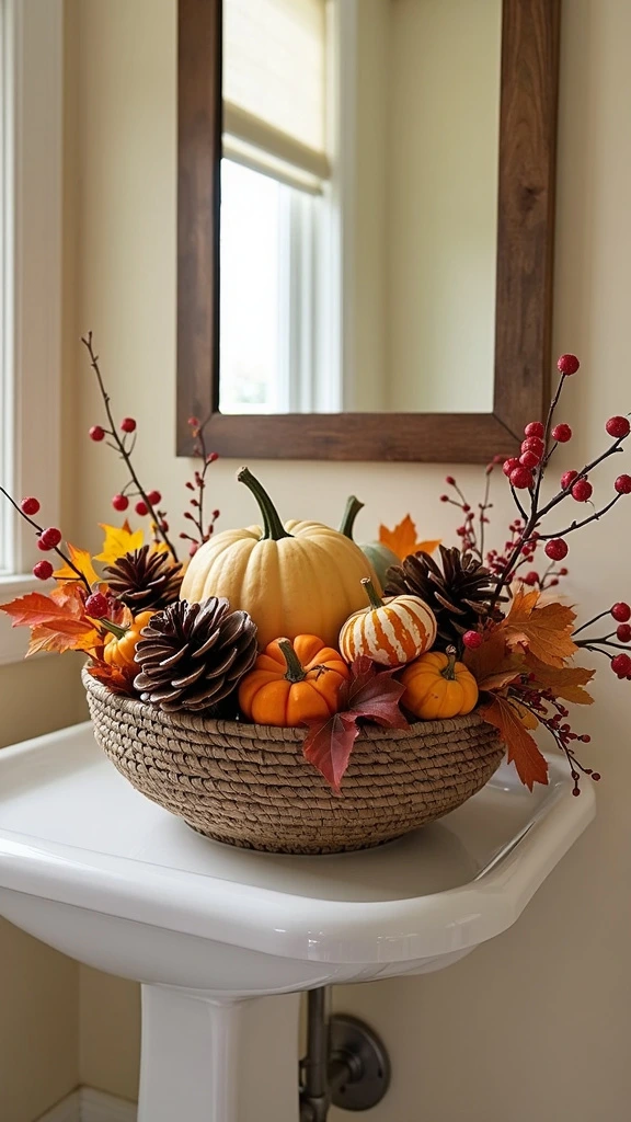 Fall bathroom arrangements, decorative baskets, seasonal bowls, natural elements display, rustic centerpieces, autumnal accents, bathroom shelf decor, gourds and pinecones, colorful fall elements, charming bathroom touches