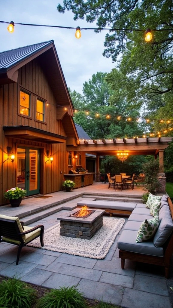 Patio addition, outdoor living space, durable materials, built-in planters, fire pit area, string lights, outdoor furniture, barndominium exterior