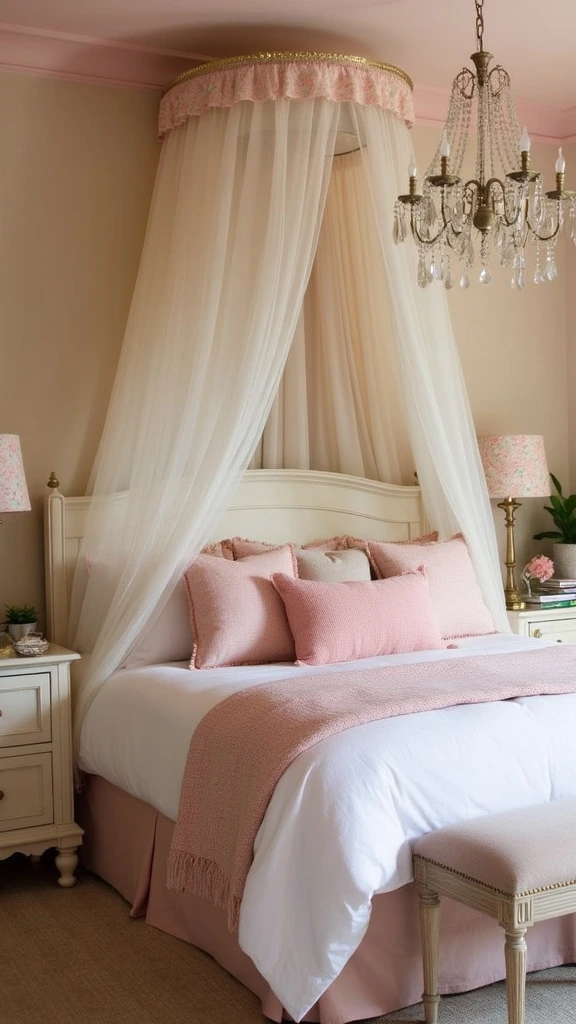 Dreamy bedroom decor with sheer canopy, romantic atmosphere, ethereal design, princess-like ambiance, soft drapes, whimsical touch, feminine sanctuary, luxurious bedding