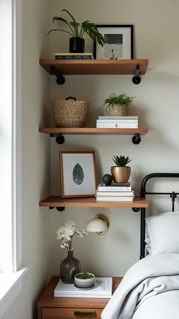 Floating shelves, wall-mounted storage, minimalist decor, vertical organization, space-saving, display shelves, bedroom storage