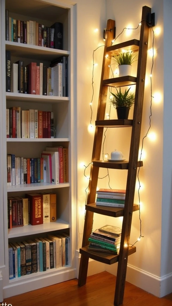 Charming feminine decor with library ladder, vintage-inspired element, functional style, decorative accent, rustic charm, girly bookshelf, whimsical touch, cozy nook