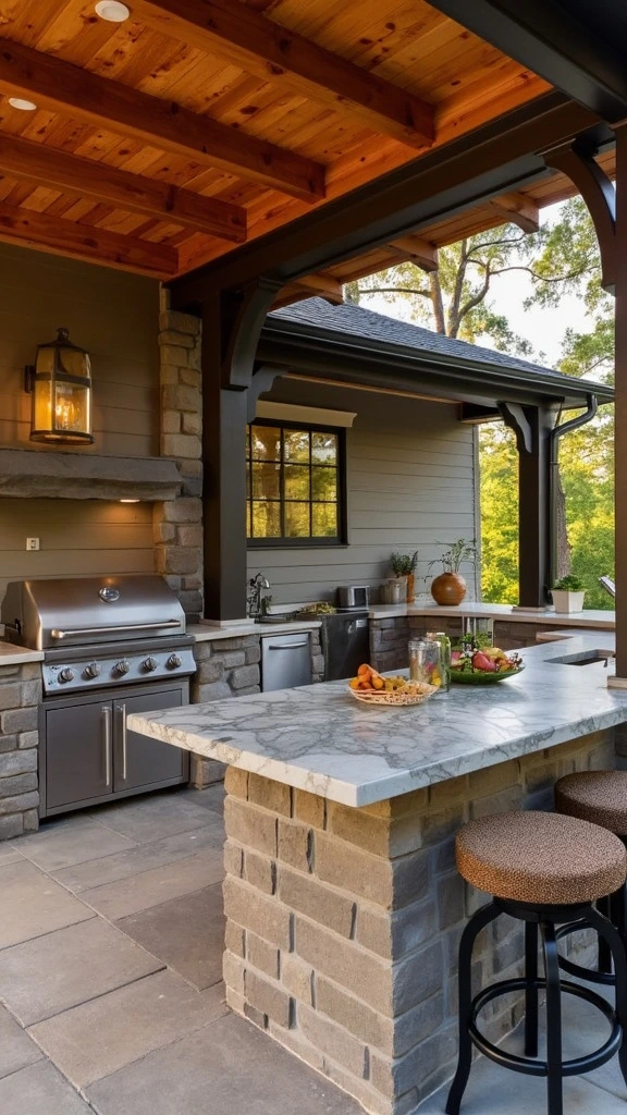 Outdoor kitchen expansion, entertaining space, grill area, outdoor fridge, prep space, rustic cabinets, barndominium parties, alfresco dining