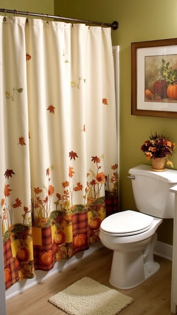 Harvest-themed shower curtain, fall bathroom liner, pumpkin pattern, autumn leaves design, plaid shower accessories, seasonal bathroom decor, orange and yellow hues, festive bathroom update, cozy shower space, inviting bath area