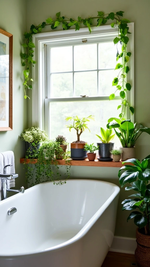 Bathroom plants, indoor greenery, low-maintenance succulents, artificial plants for bathrooms, windowsill planters, air-purifying bathroom decor, spa-like bathroom ambiance, budget-friendly natural elements, small bathroom design ideas, plant shelf installation