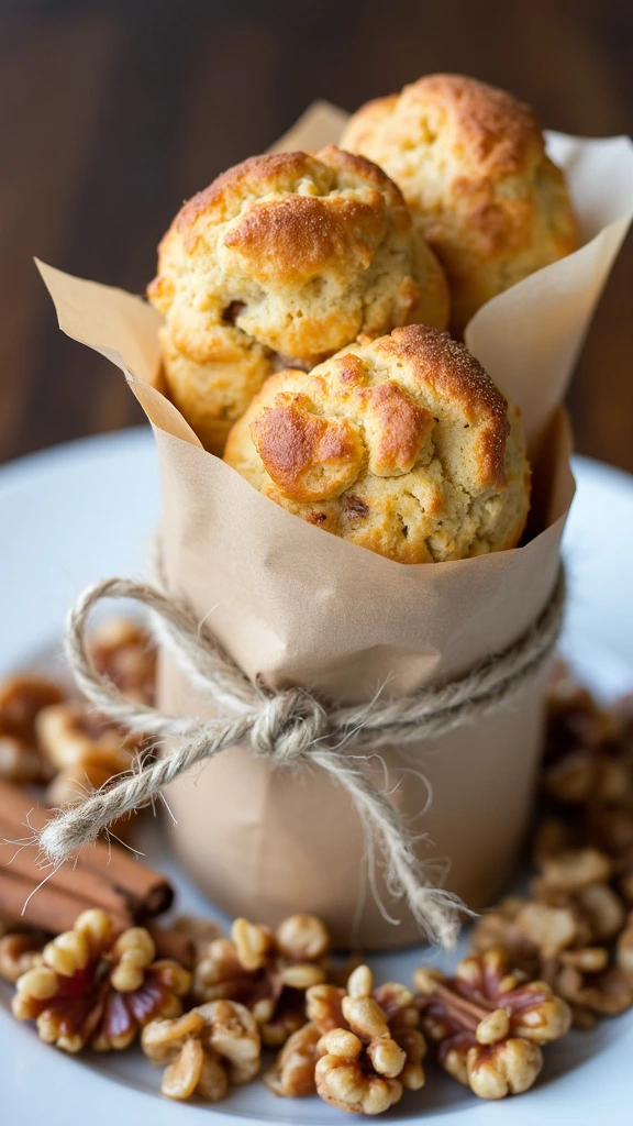 Cinnamon apple scones, fall baking, table centerpiece, autumn treats, seasonal display, rustic presentation, cozy decor, harvest theme, festive arrangement, homemade desserts