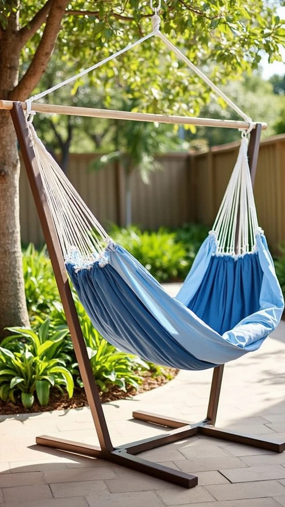 Hammocks: outdoor suspended bed, garden swing net, patio relaxation sling, backyard lounging cocoon