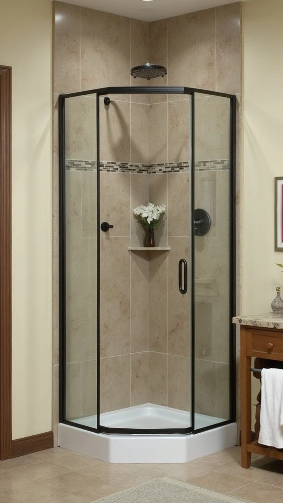 Corner shower, space-saving, small bathroom, glass enclosure, modern design, compact, efficient layout