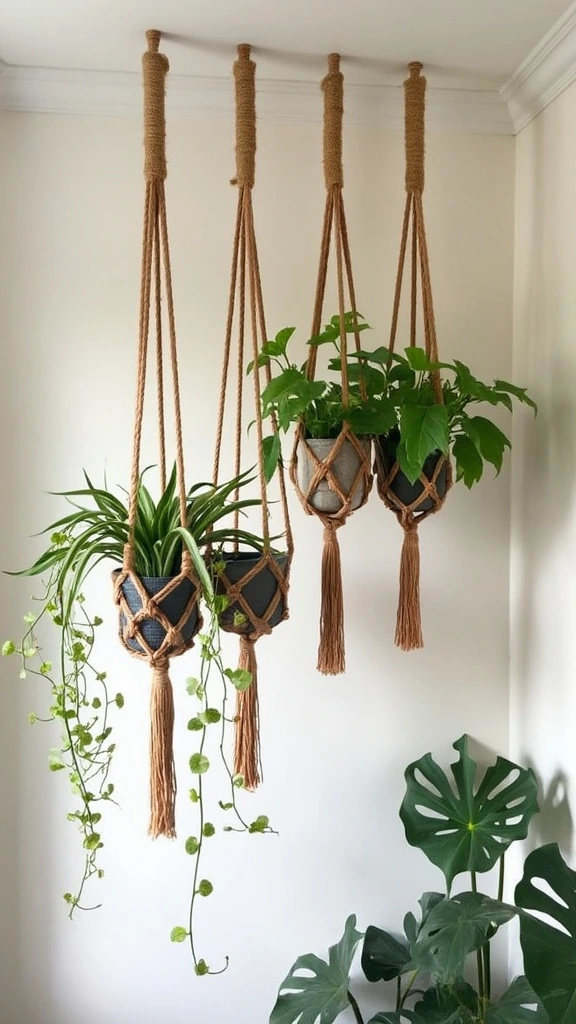 Boho girly vibes with macramé hanging planters, bohemian decor, natural textures, indoor plants, feminine crafts, earthy elements, artistic display, cozy atmosphere