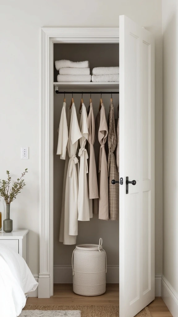 Rod storage, over-door storage, vertical organization, small bedroom, space-saving, minimalist, hanging storage, clothing storage