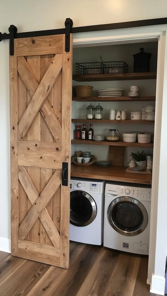 Barn door pantry, sliding doors, rustic charm, kitchen organization, farmhouse style, storage solutions, barndominium kitchen, wood accents