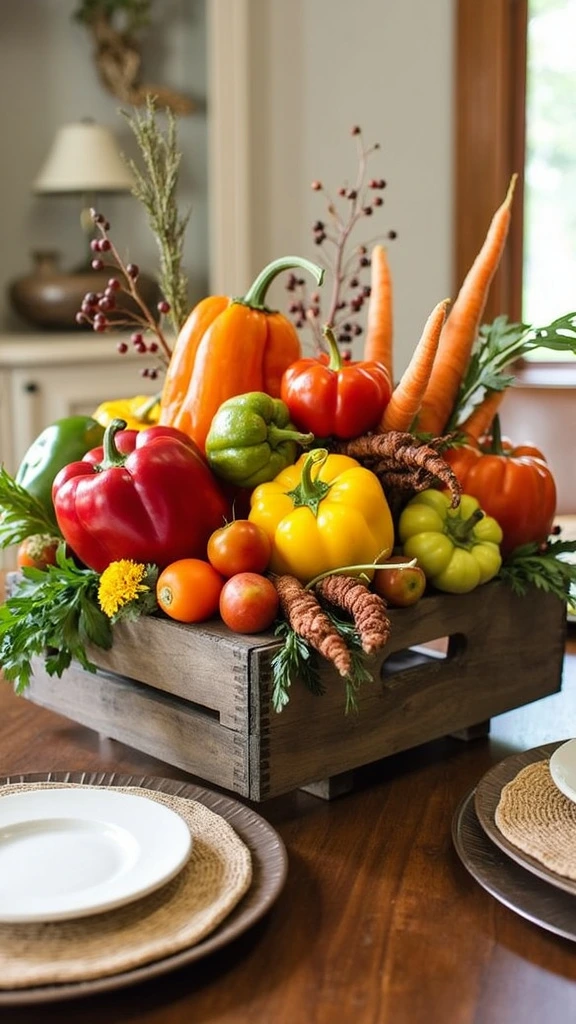 Fall vegetables, harvest display, table centerpiece, seasonal produce, rustic arrangement, autumn colors, natural decor, thanksgiving table, farm-to-table theme, organic elements