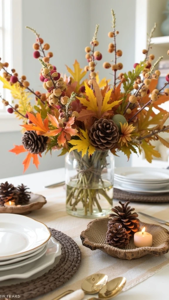 Pinecones, flowers, DIY centerpiece, fall decor, natural elements, rustic arrangement, autumn colors, seasonal display, woodland theme, handmade decoration