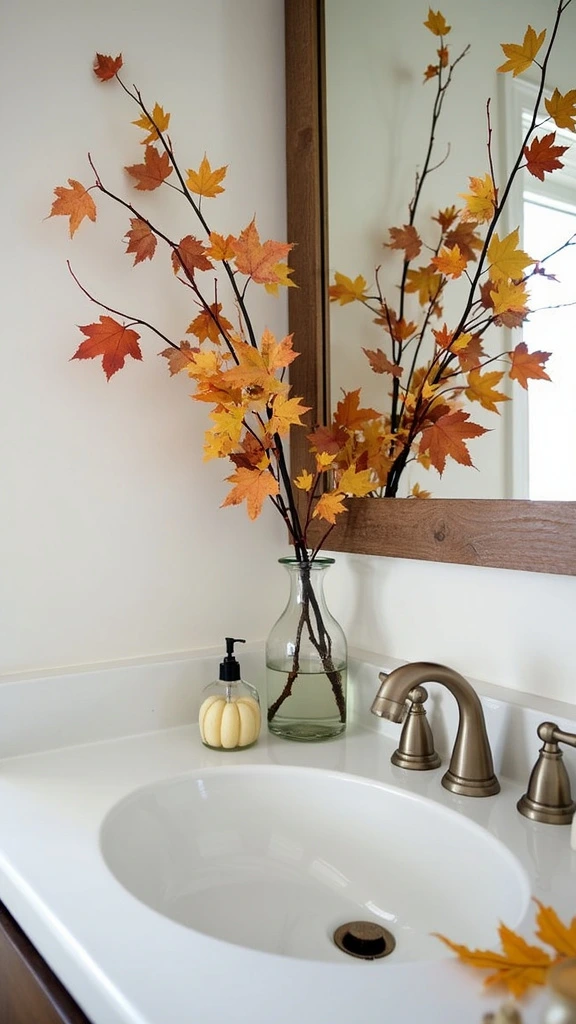 Fall branches in vase, natural bathroom decor, seasonal floral arrangement, organic bathroom accents, autumn foliage display, rustic centerpiece, glass vase decor, botanical bathroom touches, earthy decorative elements, nature-inspired bath decor