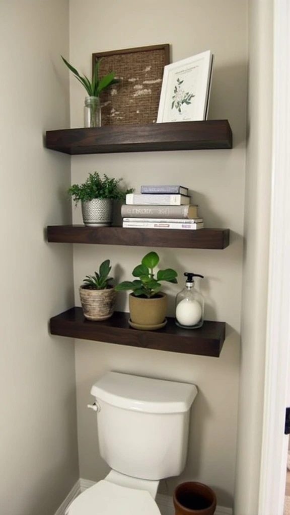 Floating shelves, wall-mounted storage, small bathroom decor, space-saving, modern design, functional, stylish