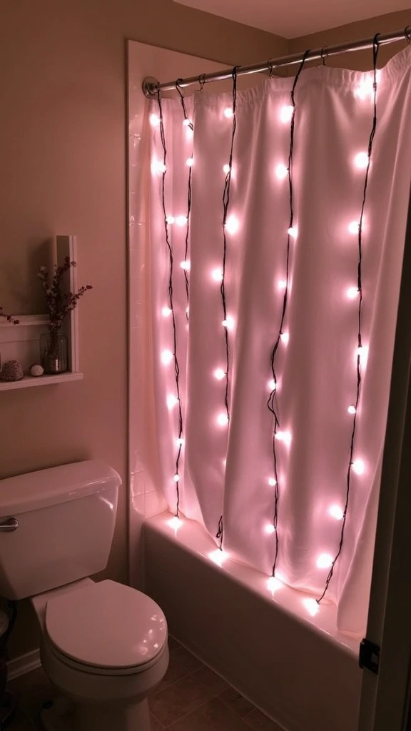 Bathroom mood lighting, string light decor, battery-operated lights, shower curtain lights, tub area ambiance, affordable bathroom lighting, DIY light installations, cozy bathroom ideas, creative lighting solutions, budget-friendly atmosphere enhancement