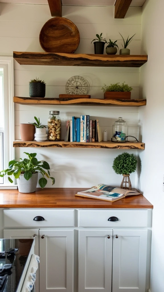 Floating shelves, space-saving storage, live-edge wood, stair-step design, kitchen organization, barndominium interior, rustic decor, functional design