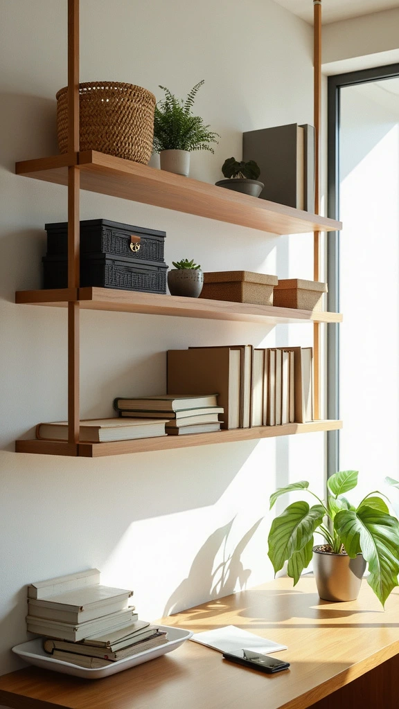 Hanging shelves, floating storage, vertical space utilization, wall-mounted organization, space-saving shelving, minimalist storage solutions, small office organization, efficient wall use, customizable shelving, clutter-free workspace