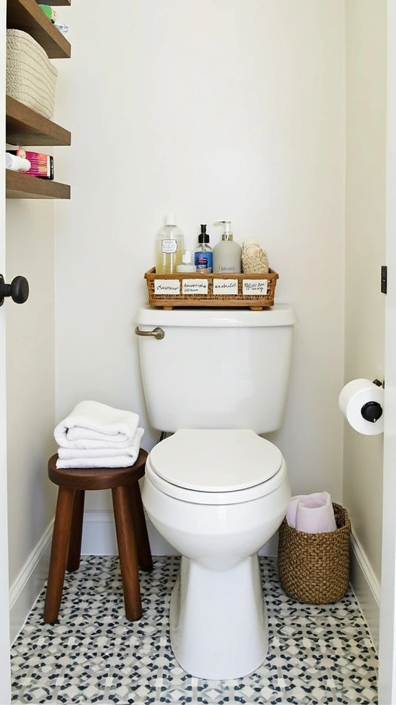 Bathroom organization ideas, over-toilet storage, wall-mounted organizers, bathroom baskets, toiletry storage solutions, space-saving bathroom hacks, affordable storage options, labeled bathroom organization, decluttering small bathrooms, budget-friendly storage upgrades