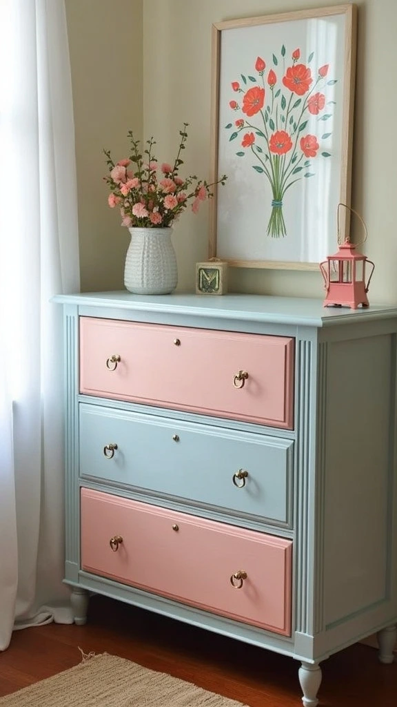 Customized feminine look with painted furniture, DIY decor, pastel colors, upcycled pieces, girly makeover, personalized style, creative home projects, unique accents