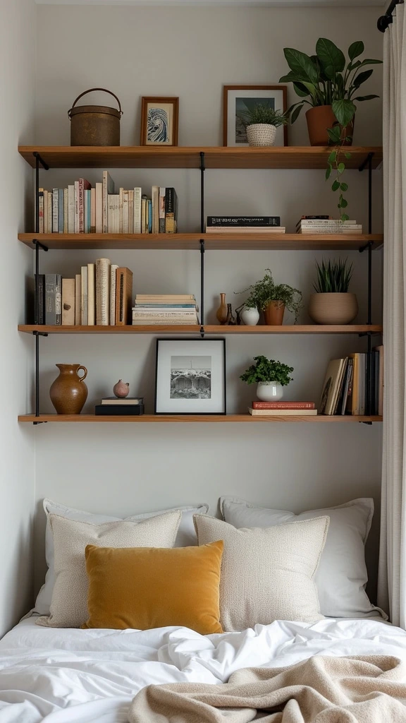 Floor-to-ceiling shelves, vertical storage, open shelving, minimalist bedroom, organization, display shelves, space-saving