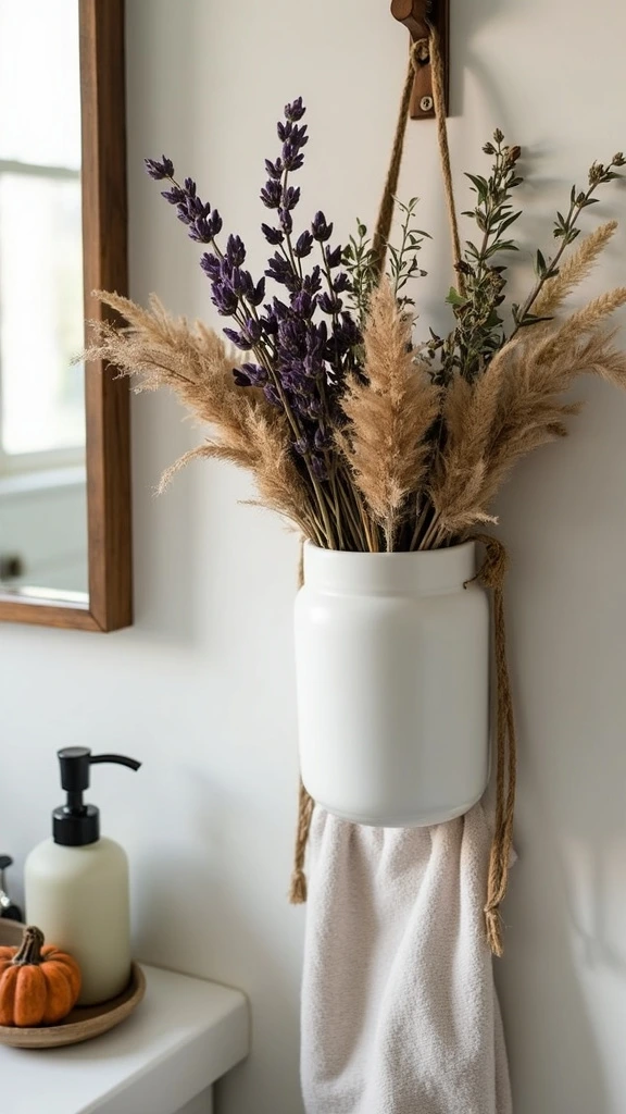 Dried orchid decor, hanging eucalyptus, lavender bundles, botanical bathroom accents, rustic floral arrangements, natural bathroom elements, aromatic dried herbs, long-lasting bathroom decor, organic wall hangings, autumn-inspired botanicals