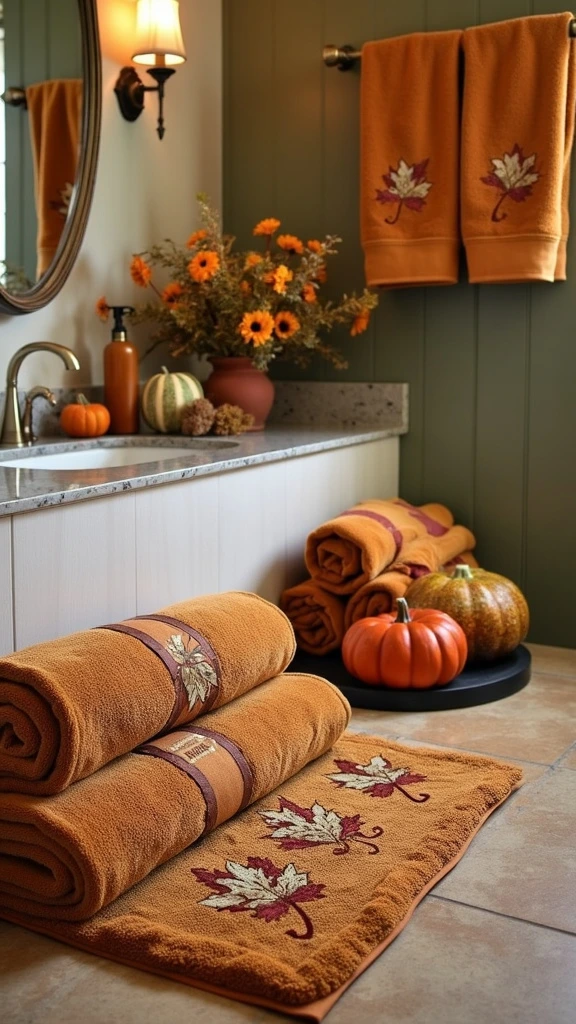 Fall-colored bathroom towels, autumn-hued accessories, amber and olive decor, maroon bath linens, seasonal bathroom textiles, monogrammed washcloths, decorative slate trays, coordinated bathroom elements, cozy bath essentials, warm color palette