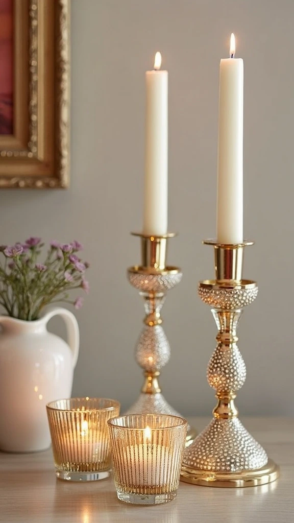 Glamorous feminine accents with glittered candlesticks, sparkly decor, elegant lighting, girly ambiance, shimmering details, romantic atmosphere, sophisticated touch, festive glow