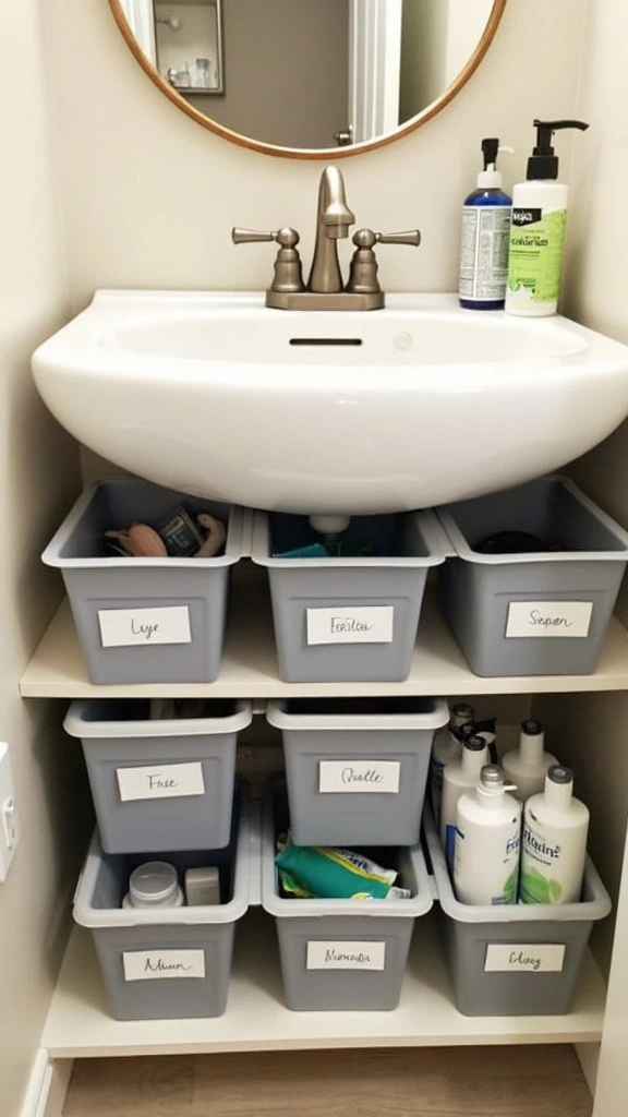 Under-sink storage, small bathroom organization, cabinet organizer, stackable bins, space-saving, efficient, tidy