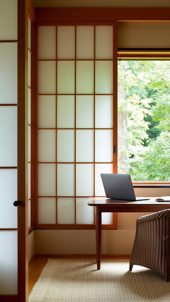 Shoji screens, translucent room dividers, Japanese-style partitions, light-filtering screens, minimalist space division, adaptable office layout, traditional Asian decor, privacy solutions, soft light diffusion, compact room separation