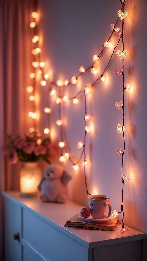 Whimsical room decor with fairy lights, twinkling, magical atmosphere, romantic lighting, cozy ambiance, string lights, soft glow, dreamy bedroom, girly decoration