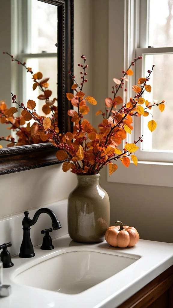 Bathroom with fall florals, greenery, autumnal arrangements, natural decor, seasonal plants, botanical accents, fresh flowers, foliage display, organic elements, nature-inspired