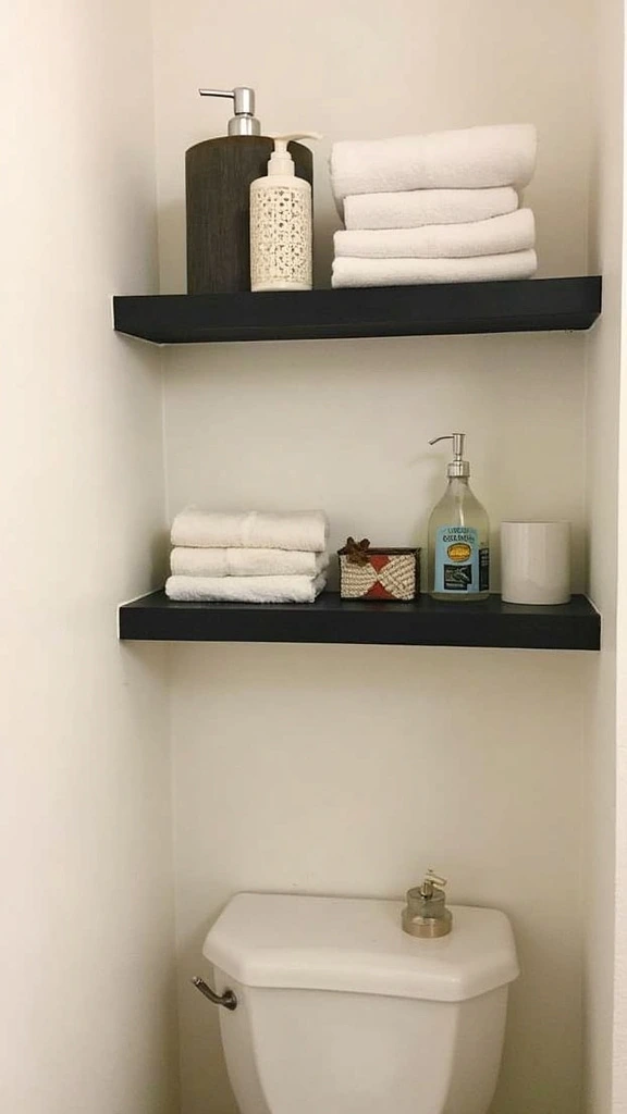 Bathroom shelving, vertical storage, open shelves, wall-mounted, space-saving, organization, decor, functional