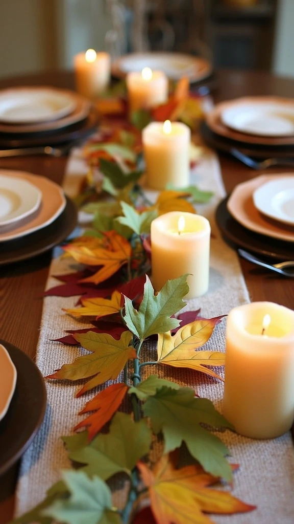 Leaf garland, autumn leaves, table runner, fall decor, colorful foliage, seasonal decoration, natural centerpiece, DIY table decor, autumn colors, rustic display