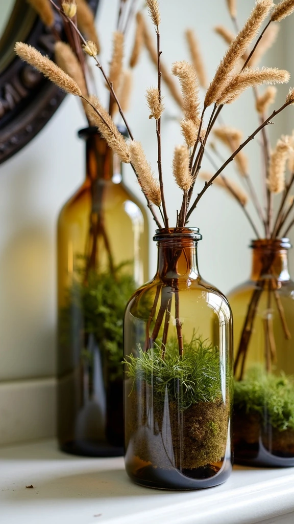 Amber glass bottles, green apothecary jars, moss-filled containers, woodland bathroom decor, natural fall accents, pressed leaf displays, pinecone decorations, rustic bathroom elements, organic bathroom art, autumn-inspired glass decor