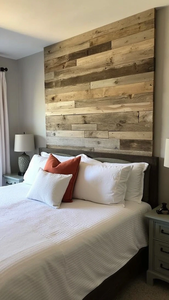 Barn wood headboard, rustic bedroom decor, reclaimed planks, distressed finish, cozy atmosphere, barndominium interior, farmhouse style, wall-mounted design