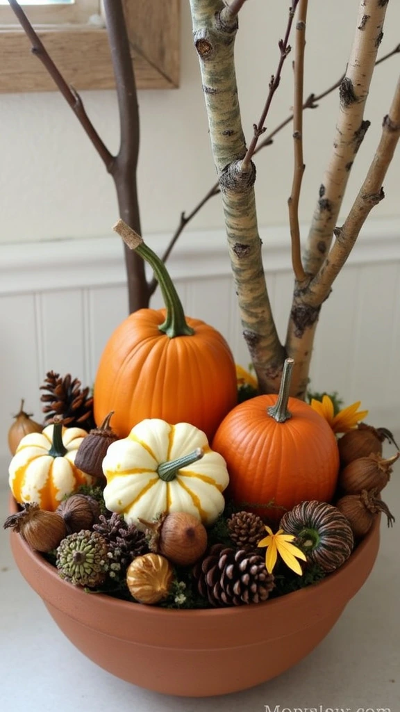 Fall bathroom centerpiece, gourd and acorn display, rustic decorative arrangement, natural bathroom accents, seasonal countertop decor, autumn-inspired focal point, terra cotta pot decor, wooden bowl arrangement, harvest-themed bathroom decor, organic decorative elements