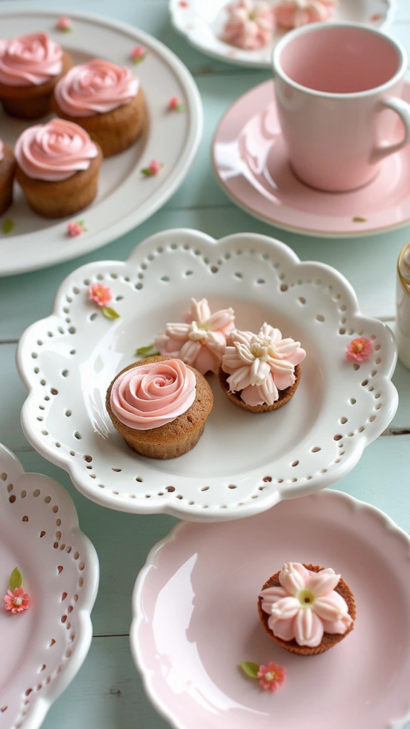 Cute girly displays with novelty dishes, decorative kitchenware, feminine serving pieces, charming tableware, whimsical accents, pretty patterns, dainty designs, collectible items